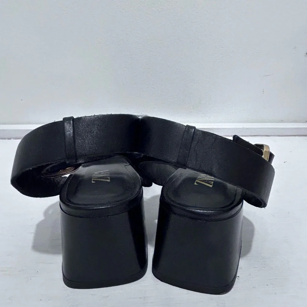 Zara Womens Black Gold Upper Leather Square Toe Ankle Strap Heel Sandals Size 36 - Picture 5 of 12